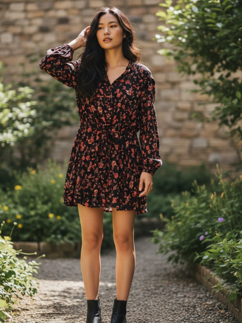 Free People Black Floral Button-Front Tie-Waist Long Sleeve Dress